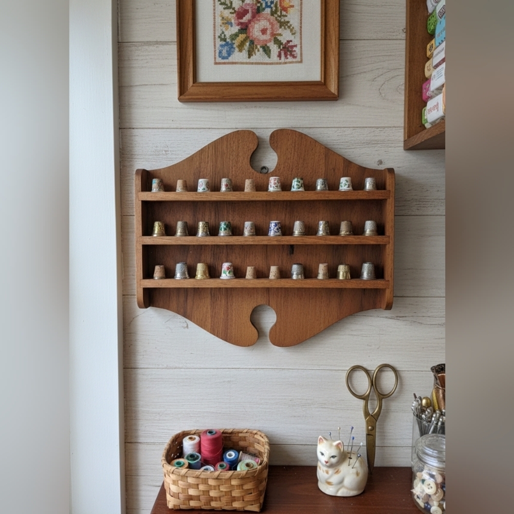 Vintage Thimble Display Shelf Rack Wood Wall Mount Sewing Collectible Organizer